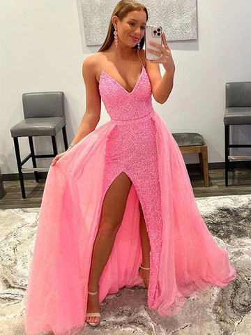 Shiny Pink Sequins V Neck Mermaid Long Prom Dresses with High Slit, Mermaid Pink Formal Graduation Evening Dresses SP2326
