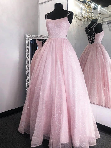 Shiny Sequins Backless Pink Long Prom Dresses, Backless Pink Formal Graduation Evening Dresses