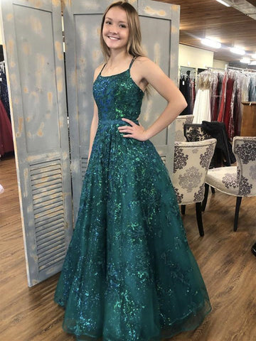 Shiny Sequins Green Lace Long Prom Dresses, Green Lace Formal Dresses, Sparkly Green Evening Dresses