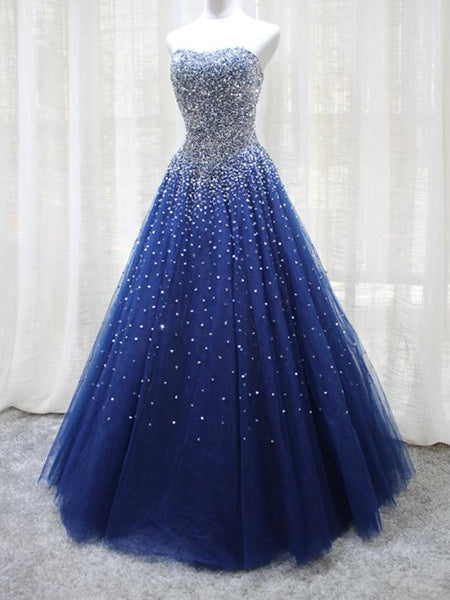 Shiny Sequins Strapless Blue Long Prom Dresses, Sparkly Blue Formal Evening Dresses, Blue Ball Gown SP2136