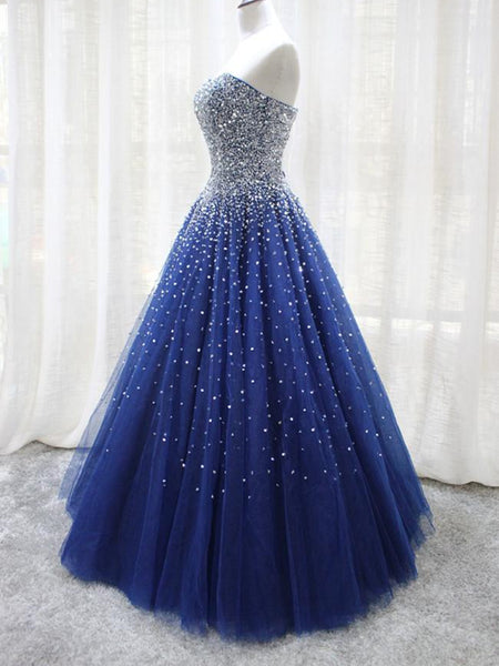 Shiny Sequins Strapless Blue Long Prom Dresses, Sparkly Blue Formal Evening Dresses, Blue Ball Gown SP2136