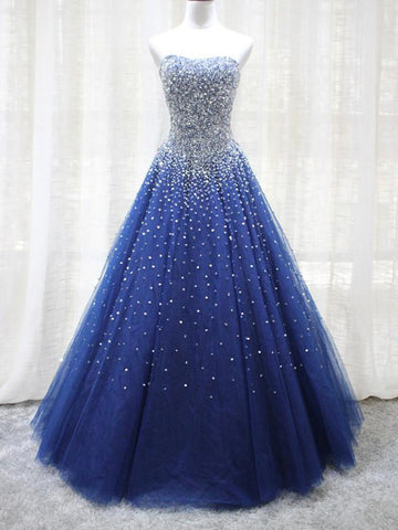 Shiny Sequins Strapless Blue Long Prom Dresses, Sparkly Blue Formal Evening Dresses, Blue Ball Gown SP2136