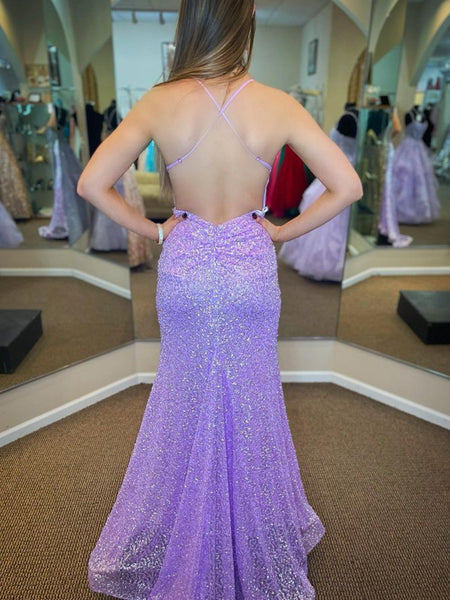 Shiny Sequins V Neck Backless Mermaid Lilac Long Prom Dresses, Backless Purple Formal Dresses, Mermaid Evening Dresses SP2345