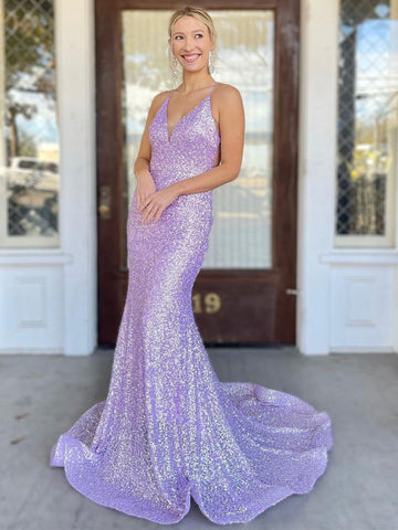 Shiny Sequins V Neck Backless Mermaid Lilac Long Prom Dresses, Mermaid Purple Formal Dresses, Lavender Evening Dresses SP2294