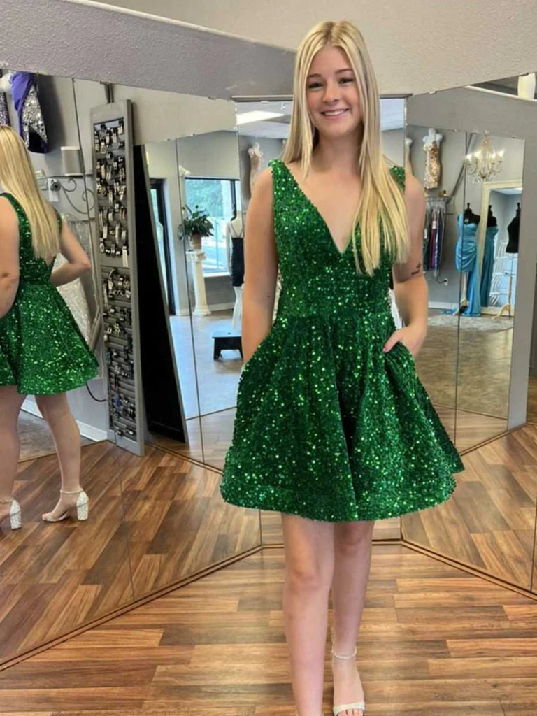 Shiny Sequins V Neck Green Prom Dresses, Short Green Homecoming Dresse Shiny Party Shiny Sequins V Neck Green Prom Dresses, Short Green Homecoming Dresse Shiny Party