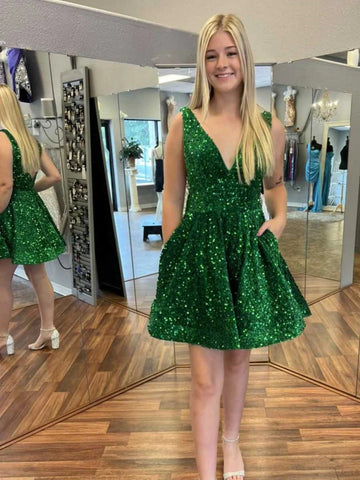 Shiny Sequins V Neck Green Prom Dresses, Short Green Homecoming Dresses, Green Formal Evening Dresses SP2491