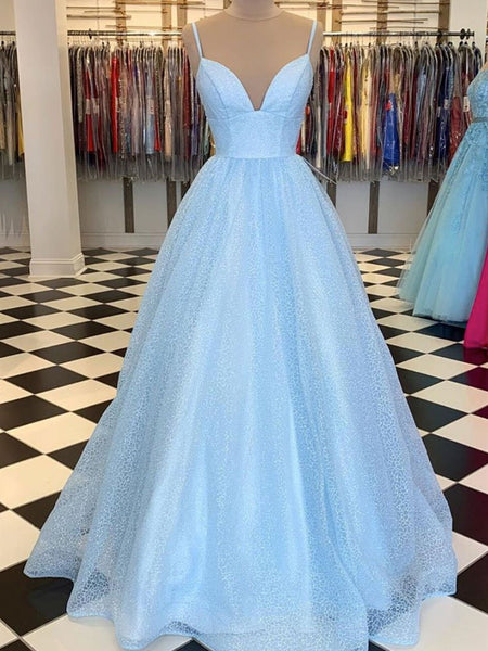 Shiny Sequins V Neck Long Blue Prom Dresses with Straps, V Neck Blue Formal Graduation Evening Dresses