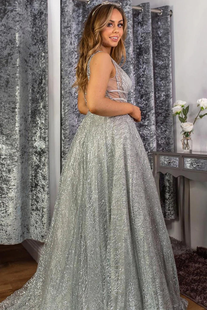 Shiny Sequins V Neck Silver Gray Long Prom Dresses, Silver Grey Formal Shiny Party Shiny Sequins V Neck Silver Gray Long Prom Dresses, Silver Grey Formal Shiny Party