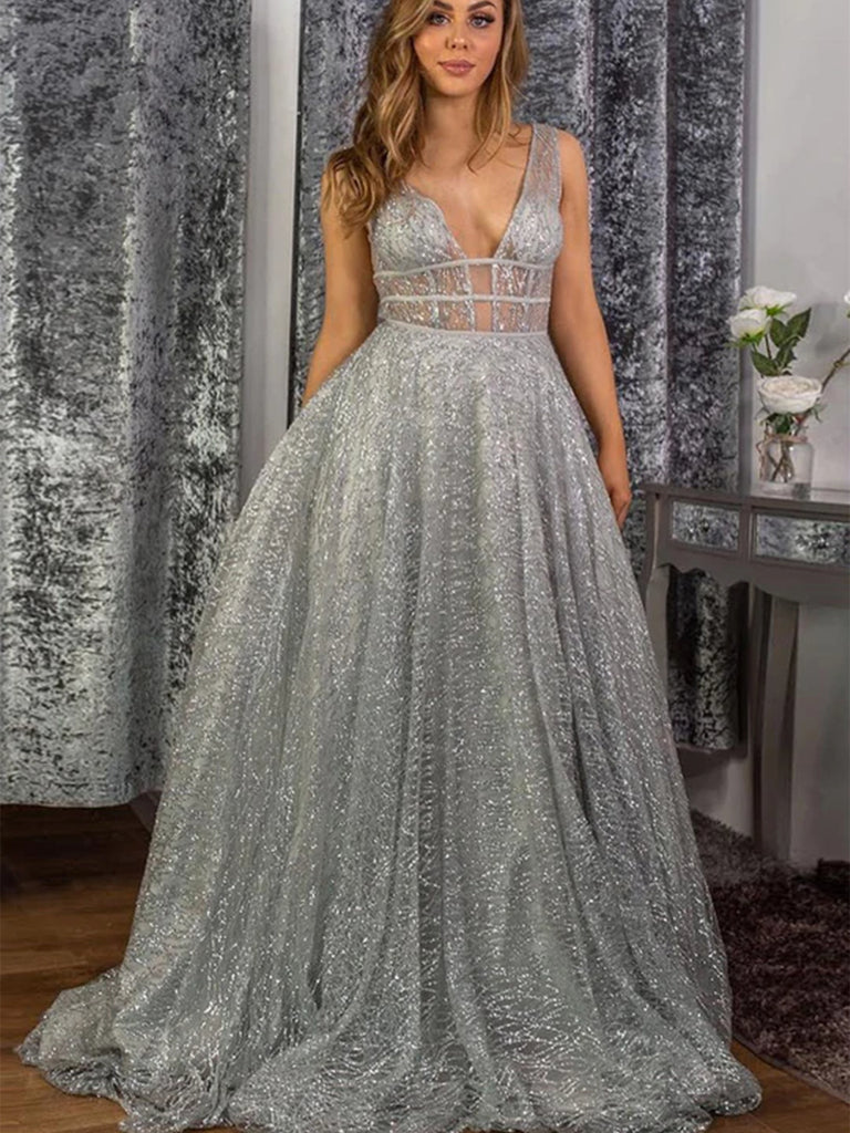 Shiny Sequins V Neck Silver Gray Long Prom Dresses, Silver Grey Formal Shiny Party Shiny Sequins V Neck Silver Gray Long Prom Dresses, Silver Grey Formal Shiny Party
