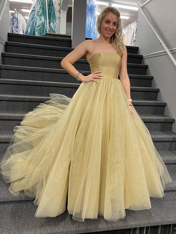 Shiny Strapless Champagne Tulle Long Prom Dresses, Champagne Formal Evening Dresses, Ball Gown