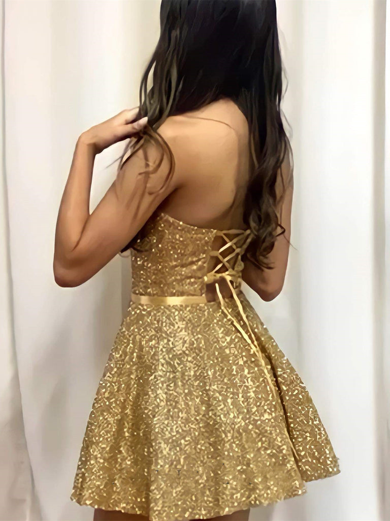 Shiny Strapless Open Back Golden Short Prom Homecoming Dresses, Short Shiny Party Shiny Strapless Open Back Golden Short Prom Homecoming Dresses, Short Shiny Party