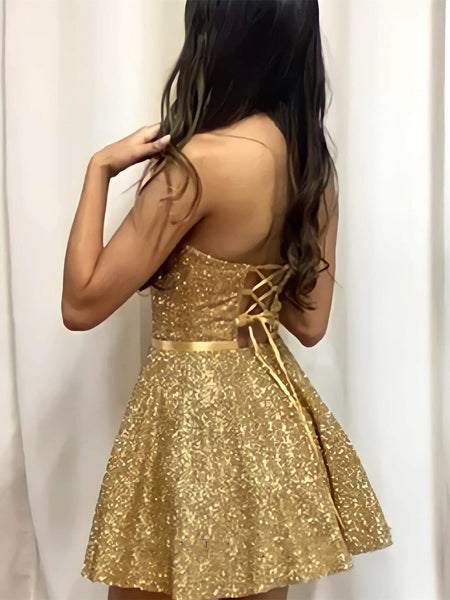 Shiny Strapless Open Back Golden Short Prom Homecoming Dresses, Short Golden Formal Graduation Evening Dresses SP2125