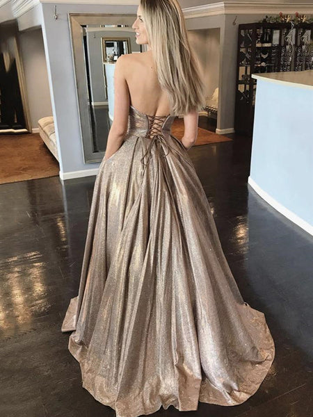 Shiny Strapless Sweetheart Neck Long Champagne Prom Dresses, Champagne Formal Dresses, Sparkly Evening Dresses