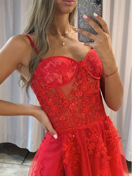 Shiny Sweetheart Neck Red Lace Long Prom Dresses, High Slit Red Lace Formal Dresses, Red Lace Evening Dresses SP2120