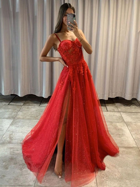 Shiny Sweetheart Neck Red Lace Long Prom Dresses, High Slit Red Lace Formal Dresses, Red Lace Evening Dresses SP2120