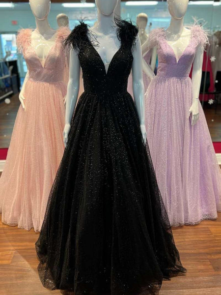 Shiny Tulle A Line V Neck Pink/Black/Purple Long Prom Dresses with High Slit, Long Pink/Black/Purple Formal Graduation Evening Dresses SP2644