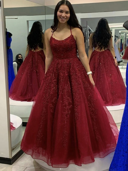 Shiny Tulle Backless Burgundy Lace Long Prom Dresses, Burgundy Lace Formal Dresses, Burgundy Evening Dresses SP2214
