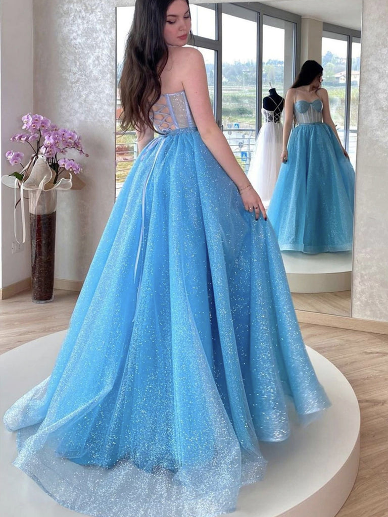 Shiny Tulle Light Blue Long Prom Dresses, Sparkly Blue Formal Evening