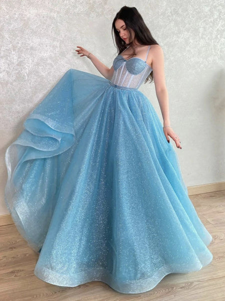 Shiny Tulle Light Blue Long Prom Dresses, Sparkly Blue Formal Evening Dresses, Blue Ball Gown SP2541