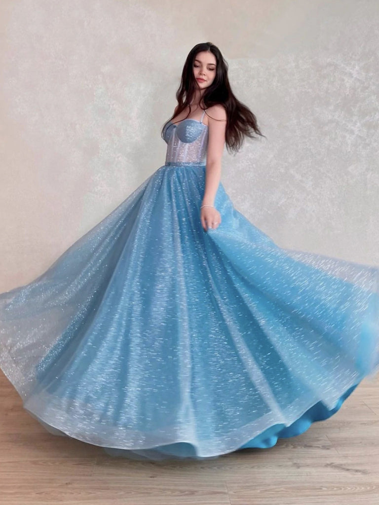 Shiny Tulle Light Blue Long Prom Dresses, Sparkly Blue Formal Evening