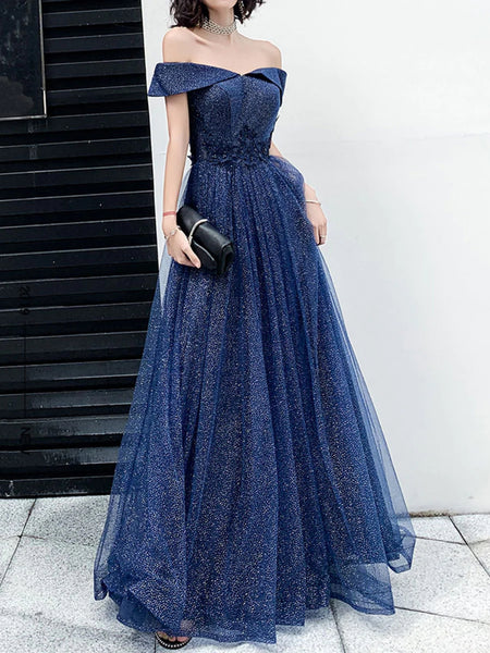 Shiny Tulle Off Shoulder Navy Blue Long Prom Dresses, Off the Shoulder Formal Dresses, Navy Blue Evening Dresses SP2563