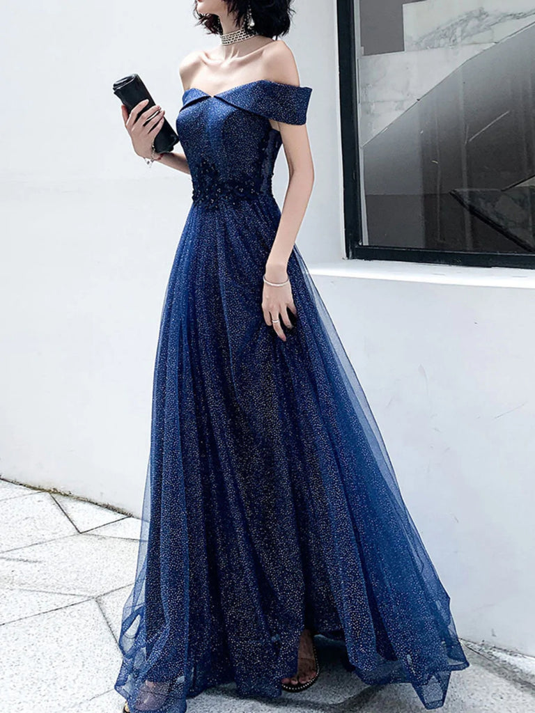 Shiny Tulle Off Shoulder Navy Blue Long Prom Dresses, Off the Shoulder Shiny Party Shiny Tulle Off Shoulder Navy Blue Long Prom Dresses, Off the Shoulder Shiny Party