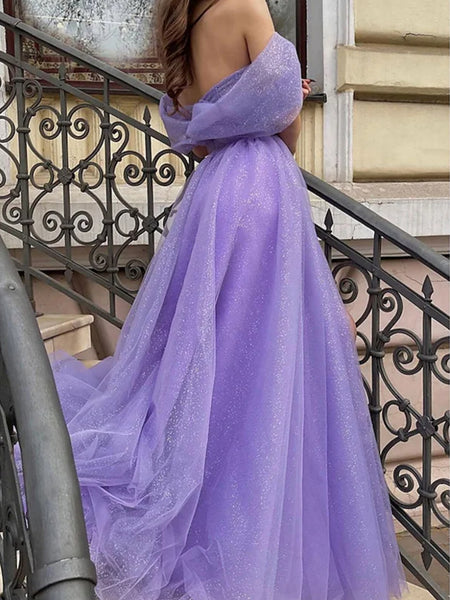 Shiny Tulle Off Shoulder Purple Long Prom Dresses, Purple Formal Dresses, Off the Shoulder Evening Dresses SP2536