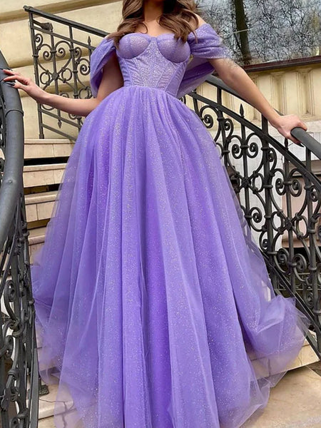 Shiny Tulle Off Shoulder Purple Long Prom Dresses, Purple Formal Dresses, Off the Shoulder Evening Dresses SP2536