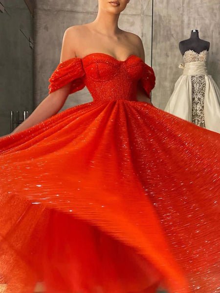 Shiny Tulle Off Shoulder Red Tea Length Prom Dresses, Off the Shoulder Red Homecoming Dresses, Red Formal Evening Dresses SP2537