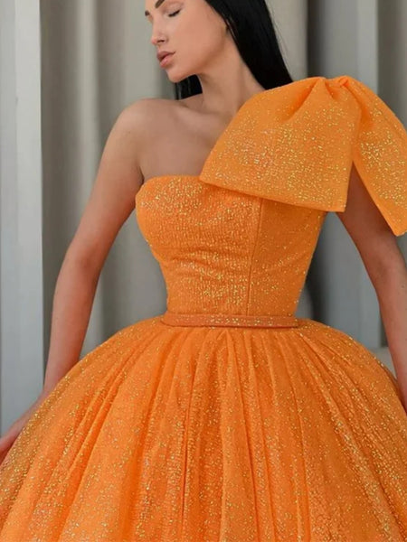 Shiny Tulle One Shoulder Orange Long Prom Dresses, Orange Tulle Formal Evening Dresses, Ball Gown SP2623