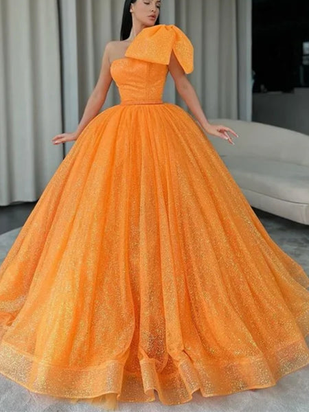 Shiny Tulle One Shoulder Orange Long Prom Dresses, Orange Tulle Formal Evening Dresses, Ball Gown SP2623
