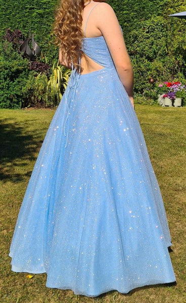 Shiny Tulle Open Back V Neck Blue Long Prom Dresses, Sparkly Blue Tulle Formal Evening Dresses SP2619