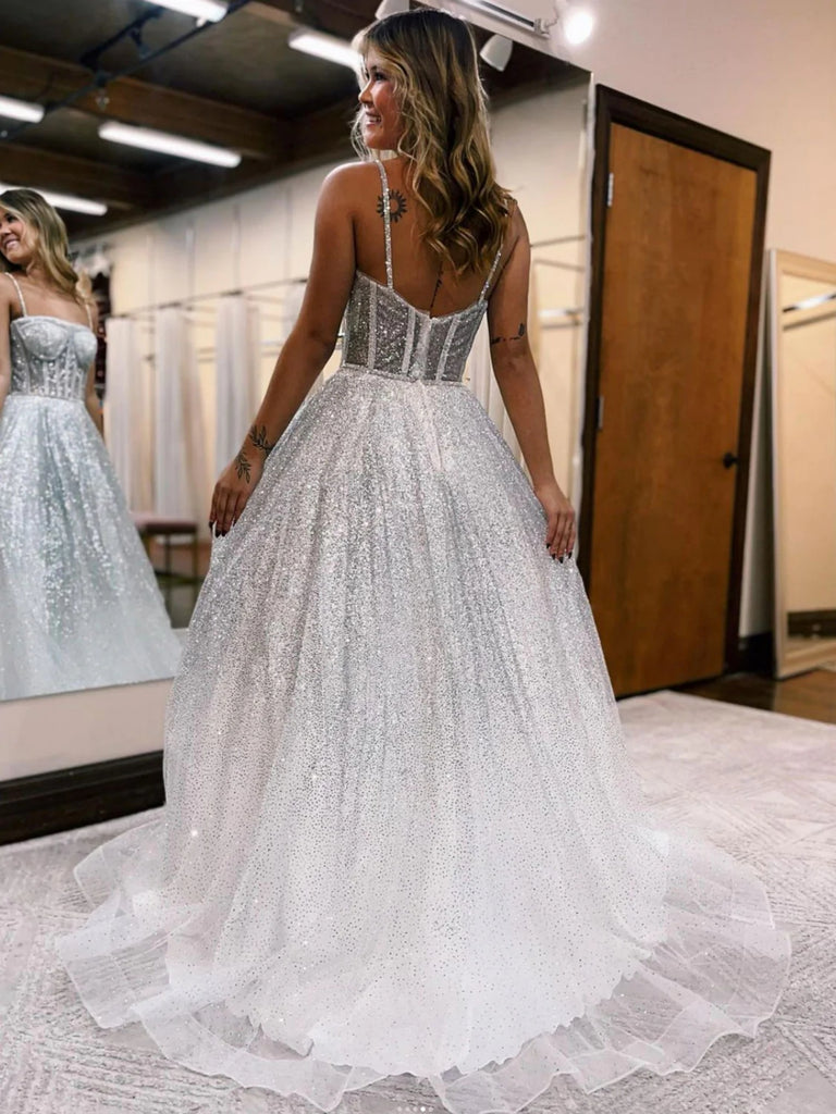 Shiny Tulle Silver Gray Long Prom Dresses, Silver Grey Formal Graduation Evening Dresses SP2555 Shiny Tulle Silver Gray Long Prom Dresses, Silver Grey Formal Graduation Evening Dresses SP2555