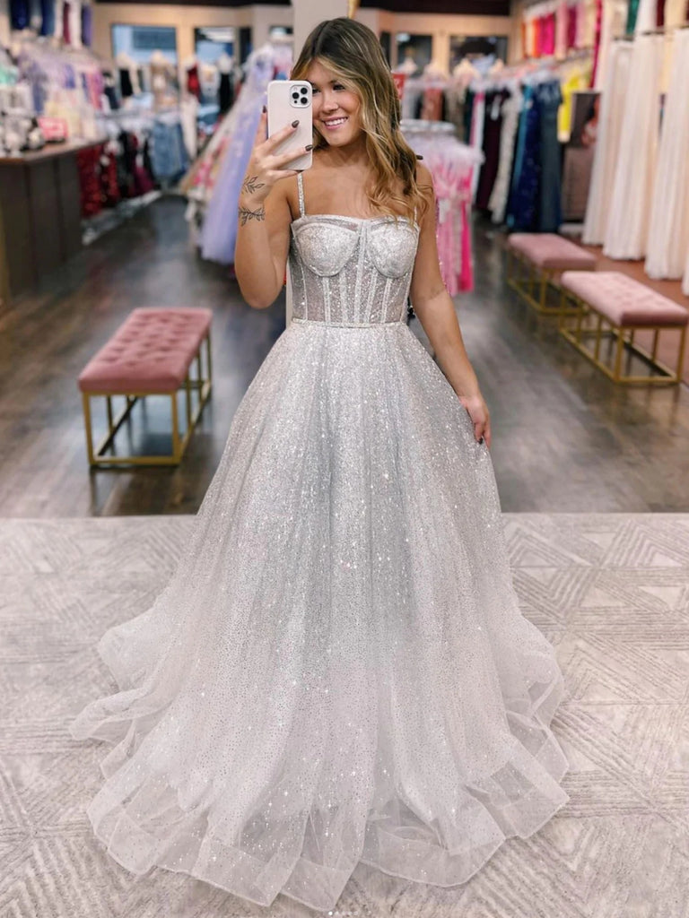 Shiny Tulle Silver Gray Long Prom Dresses, Silver Grey Formal Graduation Evening Dresses SP2555 Shiny Tulle Silver Gray Long Prom Dresses, Silver Grey Formal Graduation Evening Dresses SP2555