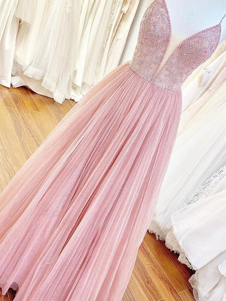 Shiny V Neck Backless Beaded Pink Long Prom Dresses, Backless Pink Formal Graduation Evening Dresses