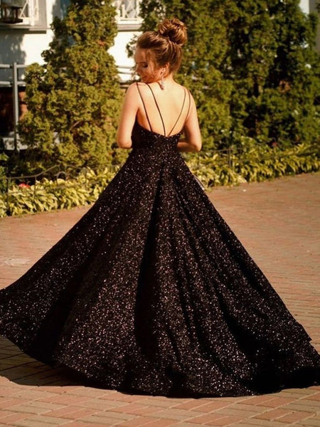 Shiny V Neck Backless Black Long Prom Dresses, Open Back Black Formal Evening Dresses, Sparkly Black Ball Gown