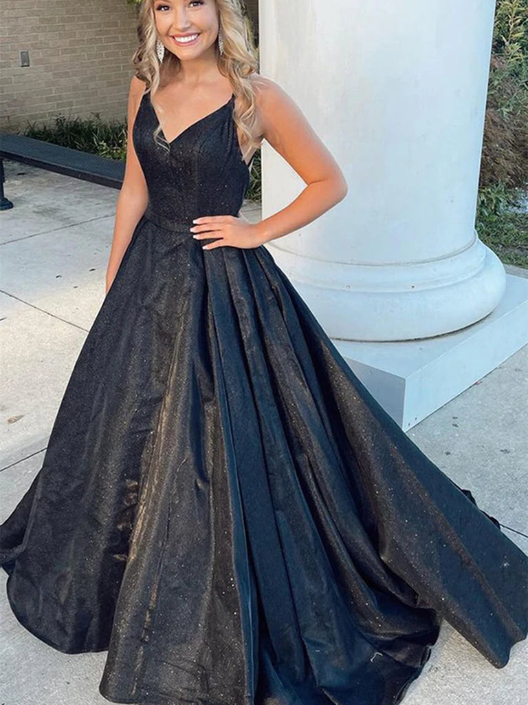 Shiny V Neck Backless Black Long Prom Dresses, Open Back Black Formal Shiny Party Shiny V Neck Backless Black Long Prom Dresses, Open Back Black Formal Shiny Party