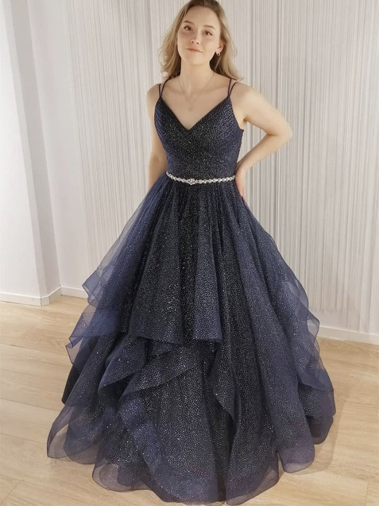 Shiny V Neck Backless Dark Blue Long Prom Dresses, V Neck Dark Blue Formal Evening Dresses, Dark Blue Ball Gown SP2101