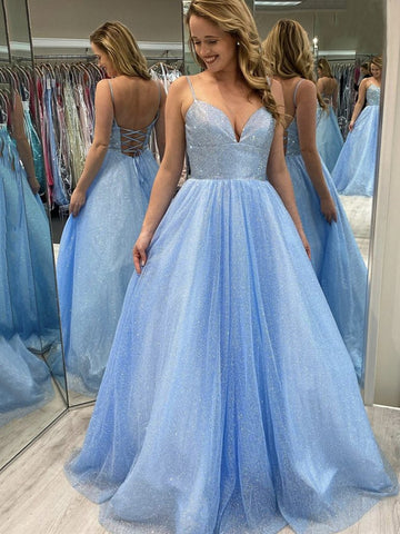 Shiny V Neck Backless Light Blue Long Prom Dresses, Sparkly Long Blue Formal Evening Dresses