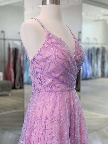 Shiny V Neck Backless Lilac Prom Dresses with Straps, Backless Lilac Formal Dresses, Purple Evening Dresses