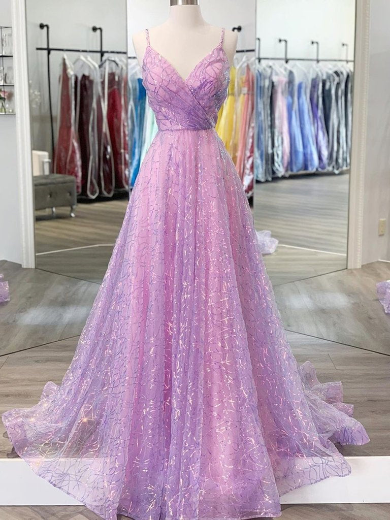 Shiny V Neck Backless Lilac Prom Dresses with Straps, Backless Lilac F Shiny Party Shiny V Neck Backless Lilac Prom Dresses with Straps, Backless Lilac F Shiny Party