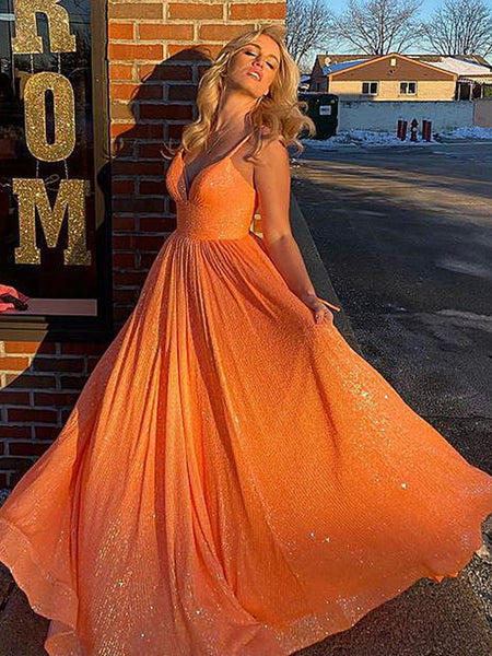 Shiny V Neck Backless Orange Long Prom Dresses, V Neck Orange Formal Dresses, Sparkly Orange Evening Dresses SP2222