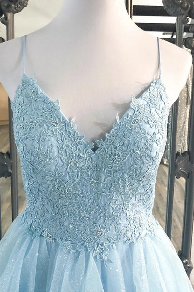 Shiny V Neck Blue Lace Long Prom Dresses, Blue Lace Formal Dresses, Fluffy Blue Evening Dresses