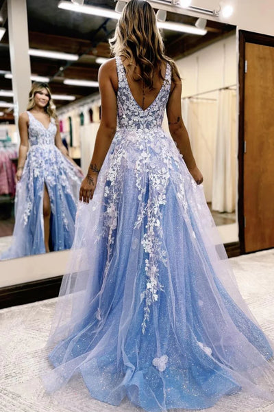 Shiny V Neck Blue Tulle White Lace Floral Long Prom Dresses with High Slit, Blue Formal Evening Dresses with White Appliques SP2572