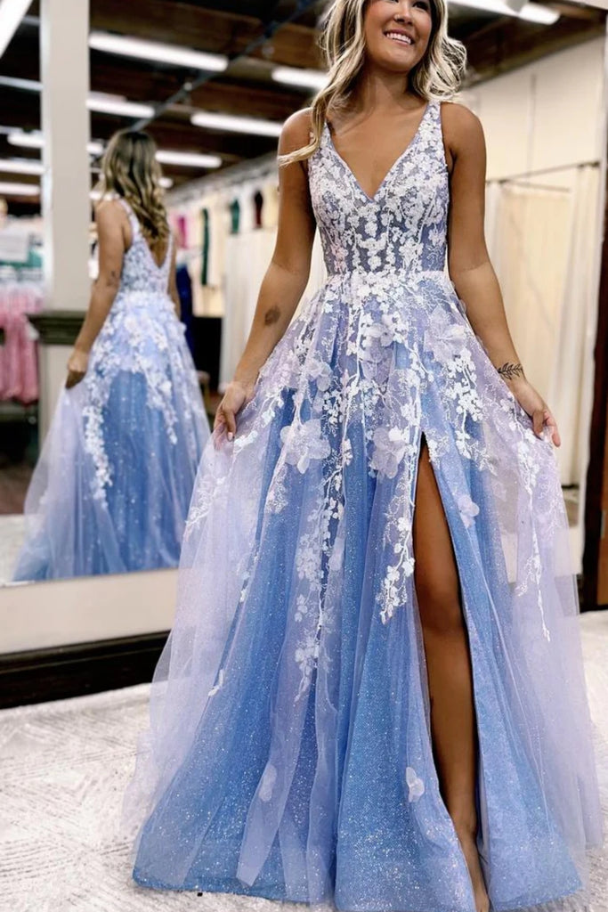 Hot Sale Beaded A-Line Prom Dress, Blue Tulle Elegant Prom Dresses, KX –  OkBridal