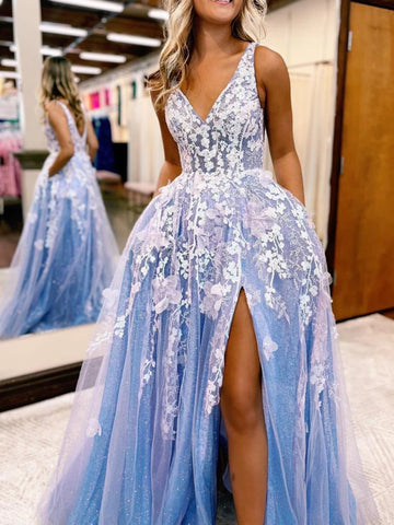 Shiny V Neck Blue Tulle White Lace Floral Long Prom Dresses with High Slit, Blue Formal Evening Dresses with White Appliques SP2572