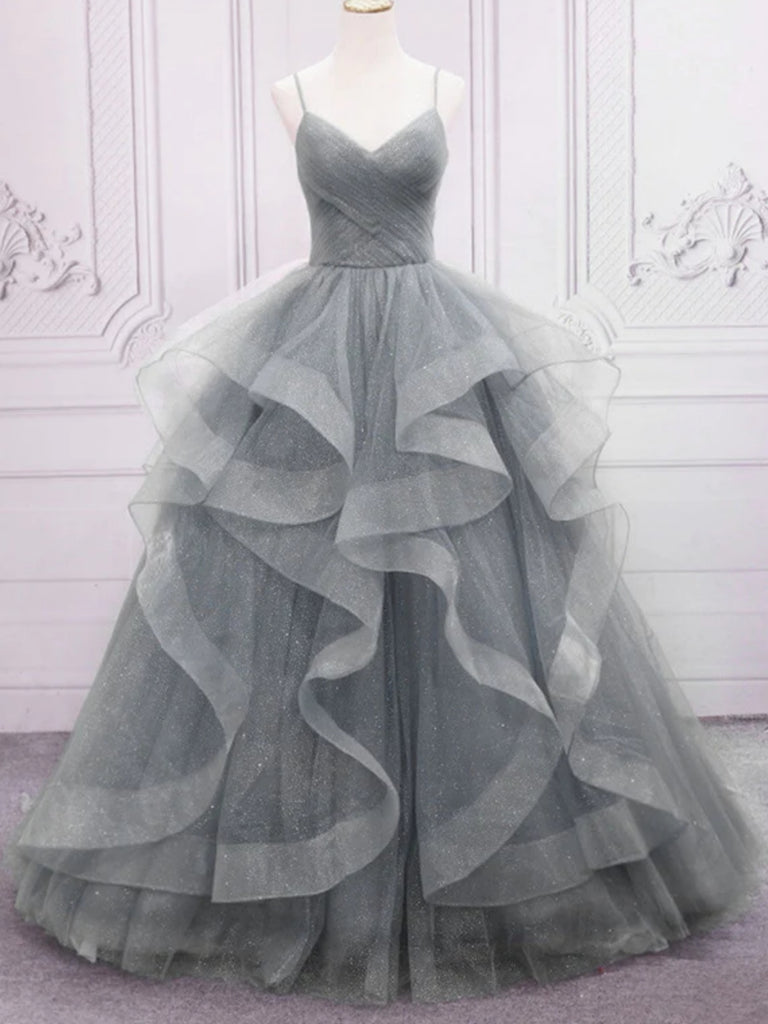 Shiny V Neck Fluffy Gray Tulle Long Prom Dresses, V Neck Grey Formal Evening Dresses, Gray Ball Gown SP2542 Shiny V Neck Fluffy Gray Tulle Long Prom Dresses, V Neck Grey Formal Evening Dresses, Gray Ball Gown SP2542