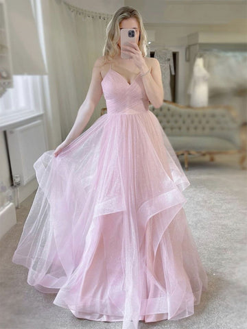Shiny V Neck Fluffy Pink Long Prom Dresses, V Neck Pink Formal Evening Dresses, Pink Ball Gown SP2161
