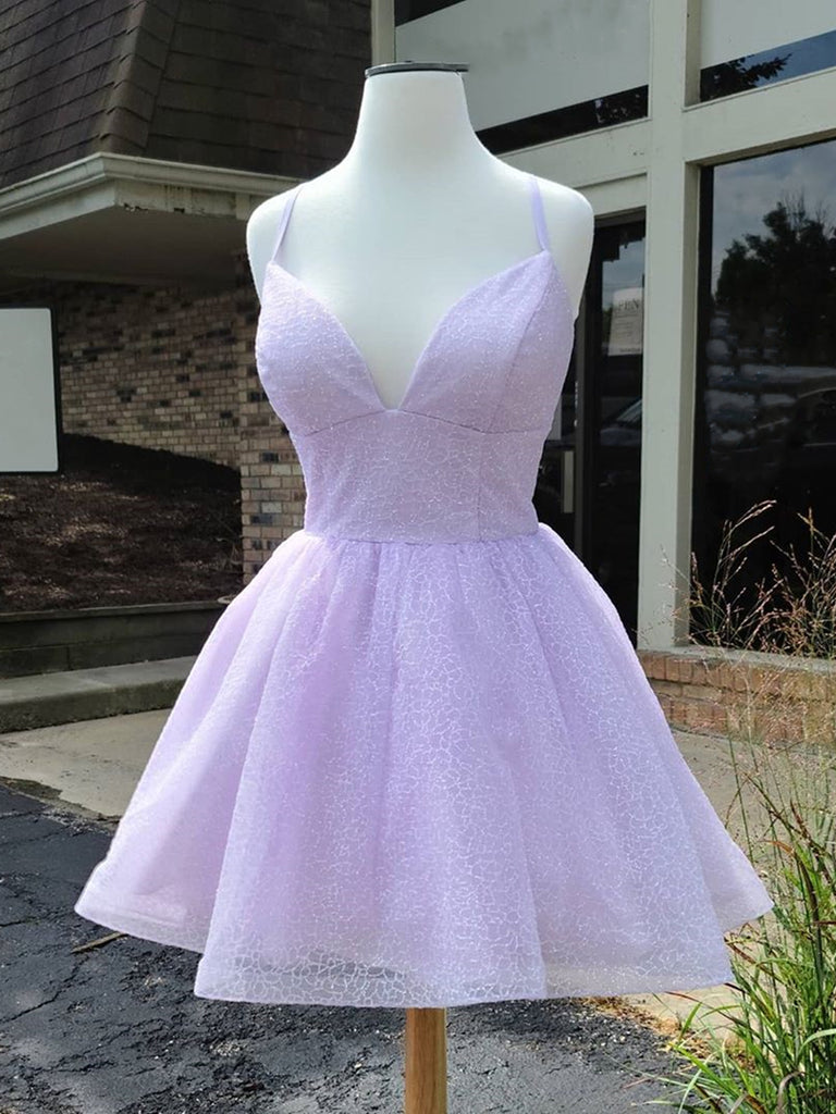 Shiny V Neck Lilac Short Prom Homecoming Dresses, Purple Formal Dresses, Lavender Evening Dresses SP2073