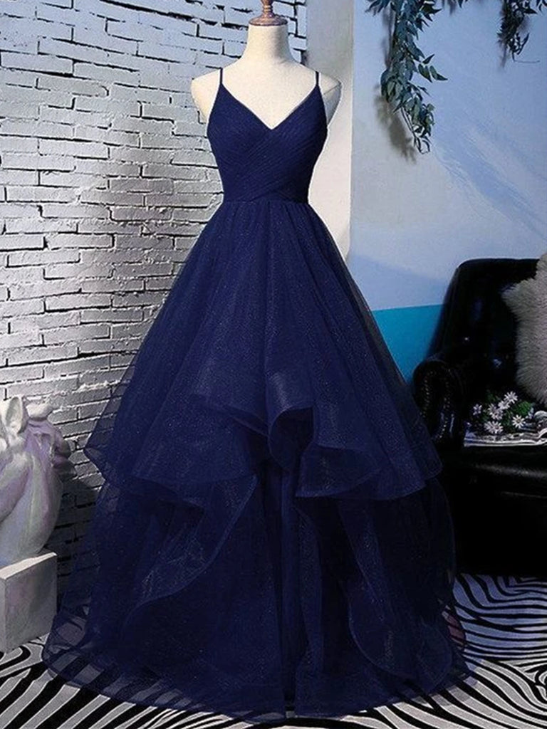 Shiny V Neck Navy Blue Long Prom Dresses, Fluffy Navy Blue Formal Evening Dresses, Sparkly Ball Gown